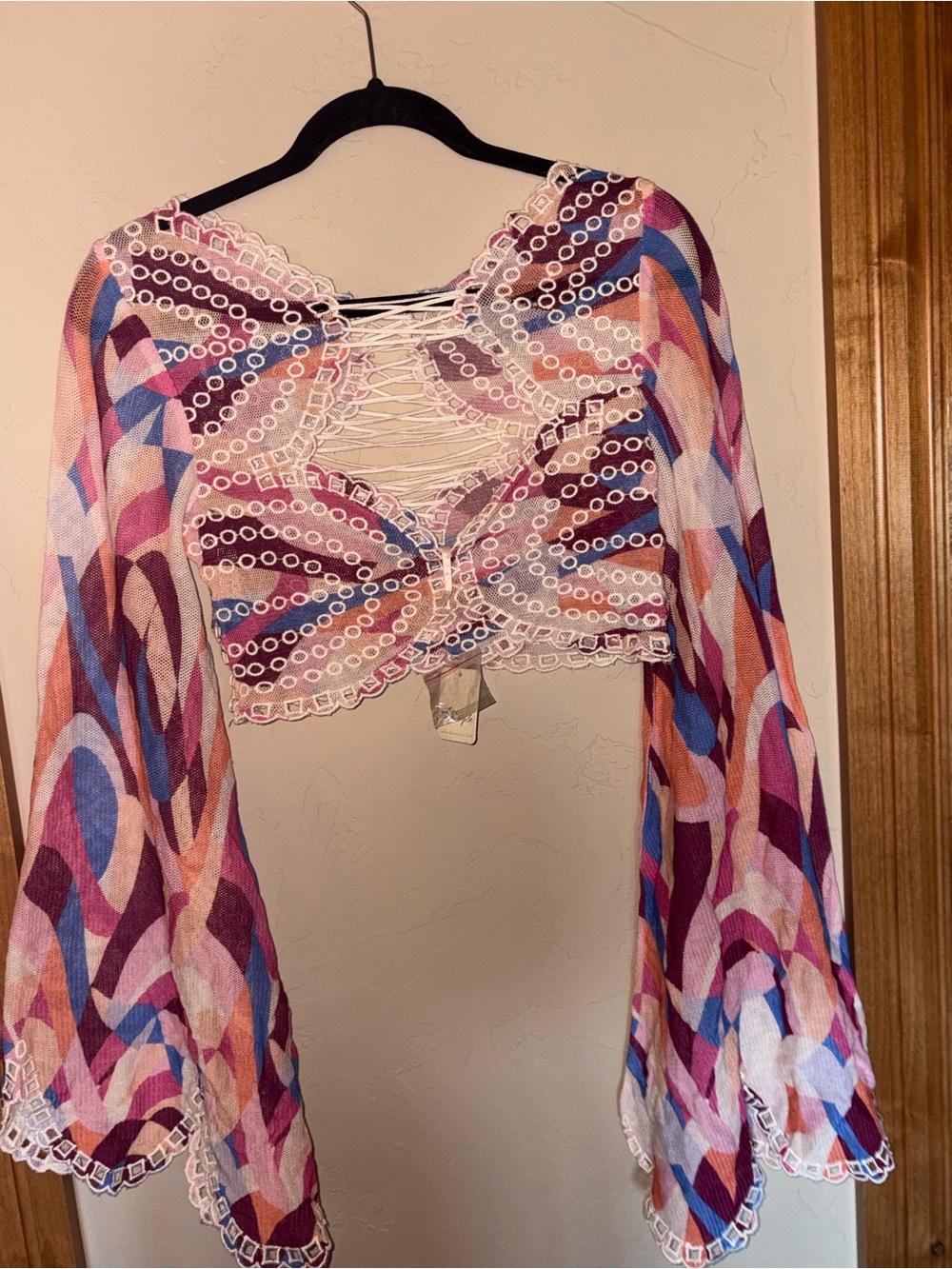 Free People NWT Lace Up Bell Sleeve Crochet Crop Top M - Picture 2 of 4